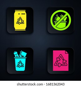 Set Paper with recycle, Can with recycle symbol and can, Recycle bin with recycle symbol and No trash. Black square button. Vector