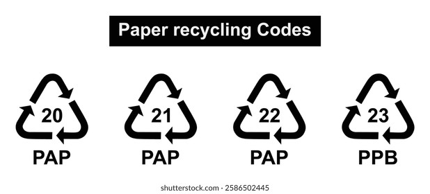 Set of paper recycling codes. Paper cardboard recycling codes 20, 21, 22, 23 for industrial and factory. pap recycling symbols, recycle, symbols, icon, paper.