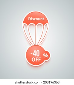 Set of paper red parachutes with discount text on retro style background