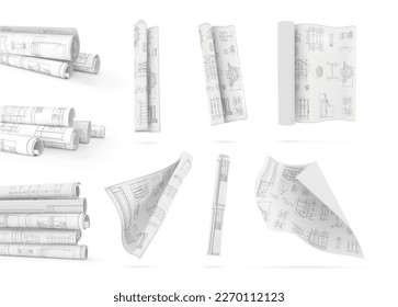 Set of paper rolls with blueprints on a white background. Vector illustration