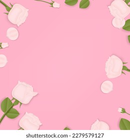 Set of paper rose frame on pink background. Paper cut and craft design. Vector illustration.