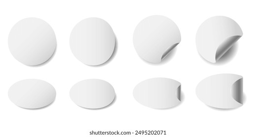 Set of paper round stickers with peeling corner and shadow, isolated rounded plastic mockup, realistic set round paper adhesive sticker mockup with curved corner. vector illustration
