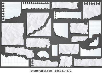 Set of paper scraps. Ripped papers, torn page pieces and scrapbook note paper pieces. Vector illustration isolated sign set