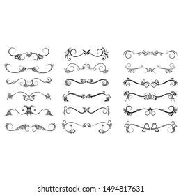 A set of paper scrolls, banners, ribbons and flags design elements in an engraved or etched hand line drawing style Vector ornate frames and scroll elements.