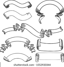  A set of paper scrolls, banners, ribbons and flag designs in an engraved or etched hand drawn vintage woodcut style.