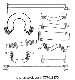 A set of paper scrolls, banners, ribbons and flag designs  in an engraved or etched hand drawn woodcut style.