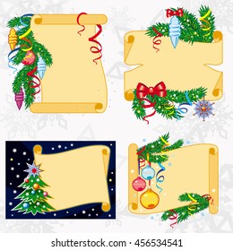 Set of paper scrolls with Christmas decorations. Vector clip art.