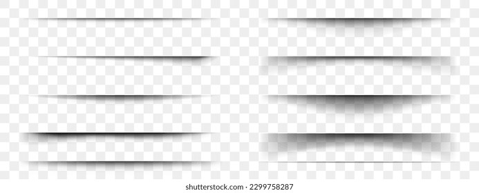 Set of paper shadow effects. Horizontal divider lines isolated on transparent background. Notebook sheet, book page, card, flyer, banner, poster with soft blurred edges. Vector realistic illustration