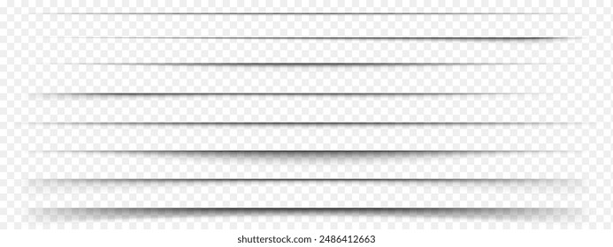 Set of paper shadow effects. Horizontal divider shade lines isolated on transparent background. Notebook worksheet, book page, card or flyer, banner or poster with blurred borders. Vector illustration