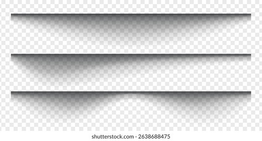 Set of paper shadows. Horizontal divider lines isolated on transparent background. Notebook worksheet, book page, card, flyer, banner, poster borders with soft blurred effect. Vector illustration.