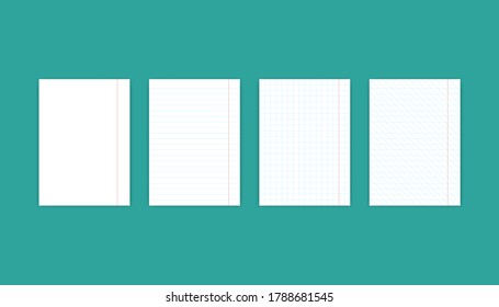 Set of paper sheet. Blank notebook with lines and grid. Diagonal lines and straight in flat design on white paper. School diary notepad. Blank notepaper with shadow. Vector EPS 10