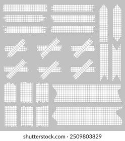 Set of paper sheets isolated on grey. Pieces of decorative tape for scrapbooks. Washi tapes collection in vector. Ripped paper. Torn pieces of paper from a notebook in a cell. Ribbons