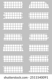 Set of paper sheets isolated on grey. Pieces of decorative tape for scrapbooks. Washi tapes collection in vector. Ripped paper. Torn pieces of paper from a notebook in a cell. Ribbons