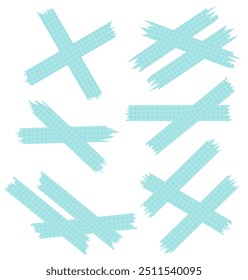 Set of paper sheets isolated on white. Pieces of decorative tape for scrapbooks. Washi tapes collection in vector. Ripped paper. Torn pieces of paper from a notebook in a cell. Green ribbons