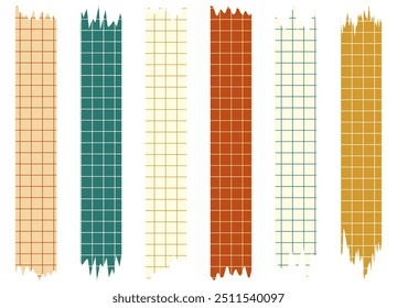 Set of paper sheets isolated on white. Pieces of decorative tape for scrapbooks. Washi tapes collection in vector. Ripped paper. Torn pieces of paper from a notebook in a cell. Colorful ribbons