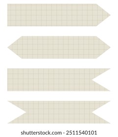 Set of paper sheets isolated on white. Pieces of decorative tape for scrapbooks. Washi tapes collection in vector. Ripped paper. Torn pieces of paper from a notebook in a cell. Brown ribbons