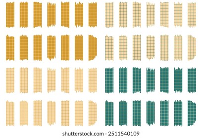 Set of paper sheets isolated on white. Pieces of decorative tape for scrapbooks. Washi tapes collection in vector. Ripped paper. Torn pieces of paper from a notebook in a cell. Colorful ribbons