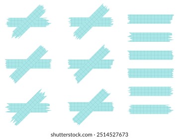 Set of paper sheets isolated on white. Pieces of decorative tape for scrapbooks. Washi tapes collection in vector. Ripped paper. Torn pieces of paper from a notebook in a cell. Green ribbons