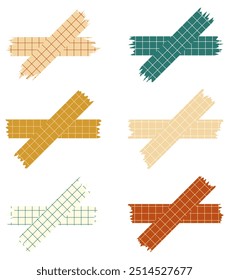 Set of paper sheets isolated on white. Pieces of decorative tape for scrapbooks. Washi tapes collection in vector. Ripped paper. Torn pieces of paper from a notebook in a cell. Colorful ribbons