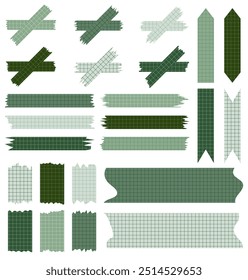 Set of paper sheets isolated on white. Pieces of decorative tape for scrapbooks. Washi tapes collection in vector. Ripped paper. Torn pieces of paper from a notebook in a cell. Green ribbons