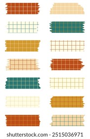 Set of paper sheets isolated on white. Pieces of decorative tape for scrapbooks. Washi tapes collection in vector. Ripped paper. Torn pieces of paper from a notebook in a cell. Colorful ribbons