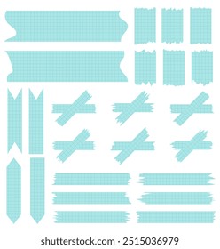Set of paper sheets isolated on white. Pieces of decorative tape for scrapbooks. Washi tapes collection in vector. Ripped paper. Torn pieces of paper from a notebook in a cell. Green ribbons