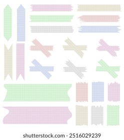 Set of paper sheets isolated on white. Pieces of decorative tape for scrapbooks. Washi tapes collection in vector. Ripped paper. Torn pieces of paper from a notebook in a cell. Colorful ribbons