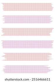 Set of paper sheets isolated on white. Pieces of decorative tape for scrapbooks. Washi tapes collection in vector. Ripped paper. Torn pieces of paper from a notebook in a cell. Red and pink ribbons