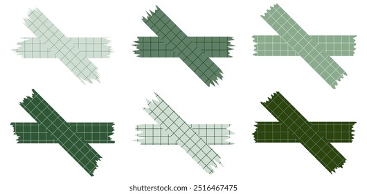 Set of paper sheets isolated on white. Pieces of decorative tape for scrapbooks. Washi tapes collection in vector. Ripped paper. Torn pieces of paper from a notebook in a cell. Green ribbons