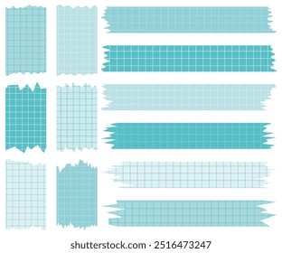 Set of paper sheets isolated on white. Pieces of decorative tape for scrapbooks. Washi tapes collection in vector. Ripped paper. Torn pieces of paper from a notebook in a cell. Blue ribbons