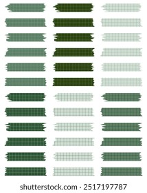 Set of paper sheets isolated on white. Pieces of decorative tape for scrapbooks. Washi tapes collection in vector. Ripped paper. Torn pieces of paper from a notebook in a cell. Green ribbons