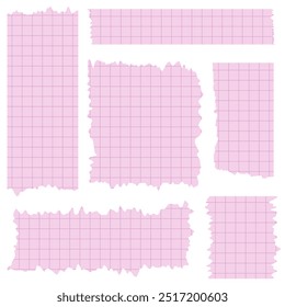 Set of paper sheets isolated on white. Pieces of decorative tape for scrapbooks. Washi tapes collection in vector. Ripped paper. Torn pieces of paper from a notebook in a cell. Pink ribbons