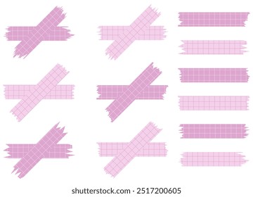 Set of paper sheets isolated on white. Pieces of decorative tape for scrapbooks. Washi tapes collection in vector. Ripped paper. Torn pieces of paper from a notebook in a cell. Pink ribbons