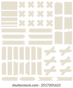 Set of paper sheets isolated on white. Pieces of decorative tape for scrapbooks. Washi tapes collection in vector. Ripped paper. Torn pieces of paper from a notebook in a cell. Brown ribbons
