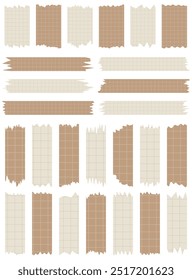Set of paper sheets isolated on white. Pieces of decorative tape for scrapbooks. Washi tapes collection in vector. Ripped paper. Torn pieces of paper from a notebook in a cell. Brown ribbons