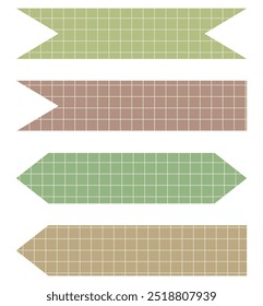 Set of paper sheets isolated on white. Pieces of decorative tape for scrapbooks. Washi tapes collection in vector. Ripped paper. Torn pieces of paper from a notebook in a cell. Green and brown ribbons