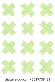 Conjunto de hojas de papel aisladas en blanco. Piezas de cinta decorativa para álbumes de recortes. Washi graba colección en Vector. Papel rasgado. Pedazos de papel arrancados de un cuaderno en una celda. Cintas verdes