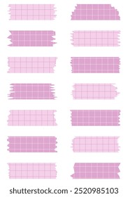 Set of paper sheets isolated on white. Pieces of decorative tape for scrapbooks. Washi tapes collection in vector. Ripped paper. Torn pieces of paper from a notebook in a cell. Pink ribbons