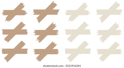 Set of paper sheets isolated on white. Pieces of decorative tape for scrapbooks. Washi tapes collection in vector. Ripped paper. Torn pieces of paper from a notebook in a cell. Brown ribbons