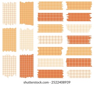 Set of paper sheets isolated on white. Pieces of decorative tape for scrapbooks. Tapes collection in vector. Ripped paper. Torn pieces of paper from a notebook in a cell. Orange and beige ribbons