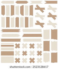 Set of paper sheets isolated on white. Pieces of decorative tape for scrapbooks. Washi tapes collection in vector. Ripped paper. Torn pieces of paper from a notebook in a cell. Brown ribbons