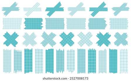 Set of paper sheets isolated on white. Pieces of decorative tape for scrapbooks. Washi tapes collection in vector. Ripped paper. Torn pieces of paper from a notebook in a cell. Blue ribbons