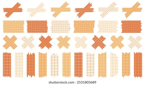 Set of paper sheets isolated on white. Pieces of decorative tape for scrapbooks. Washi tapes collection in vector. Ripped paper. Torn pieces of paper from a notebook in a cell. Orange ribbons