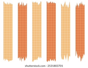 Set of paper sheets isolated on white. Pieces of decorative tape for scrapbooks. Washi tapes collection in vector. Ripped paper. Torn pieces of paper from a notebook in a cell. Orange ribbons