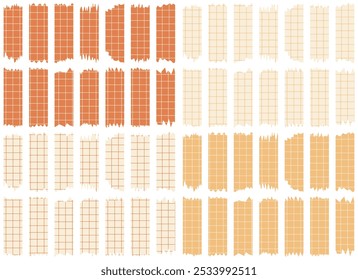 Set of paper sheets isolated on white. Pieces of decorative tape for scrapbooks. Tapes collection in vector. Ripped paper. Torn pieces of paper from a notebook in a cell. Orange and beige ribbons