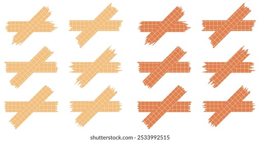 Set of paper sheets isolated on white. Pieces of decorative tape for scrapbooks. Tapes collection in vector. Ripped paper. Torn pieces of paper from a notebook in a cell. Orange and beige ribbons