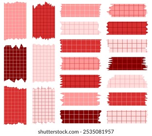 Set of paper sheets isolated on white. Pieces of decorative tape for scrapbooks. Washi tapes collection in vector. Ripped paper. Torn pieces of paper from a notebook in a cell. Red ribbons