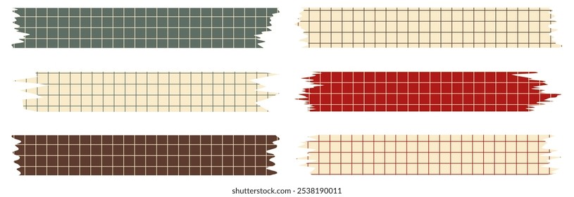 Set of paper sheets isolated on white. Pieces of decorative tape for scrapbooks. Washi tapes collection in vector. Ripped paper. Torn pieces of paper from a notebook in a cell. Colorful ribbons