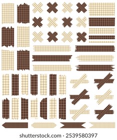 Set of paper sheets isolated on white. Pieces of decorative tape for scrapbooks. Washi tapes collection in vector. Ripped paper. Torn pieces of paper from a notebook in a cell. Colorful ribbons