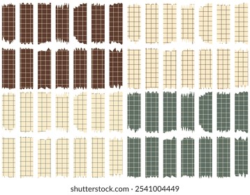 Set of paper sheets isolated on white. Pieces of decorative tape for scrapbooks. Washi tapes collection in vector. Ripped paper. Torn pieces of paper from a notebook in a cell. Colorful ribbons
